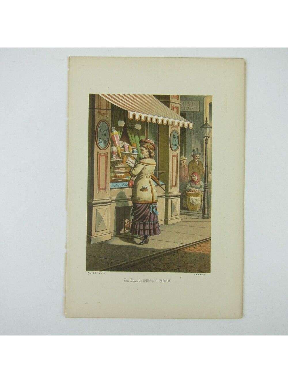 Antique Color Lithograph Print Lady Looks Shop Window Man Watches from Below